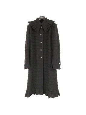 Chanel Tweed Jacket 42 L Silk Ruffles Long